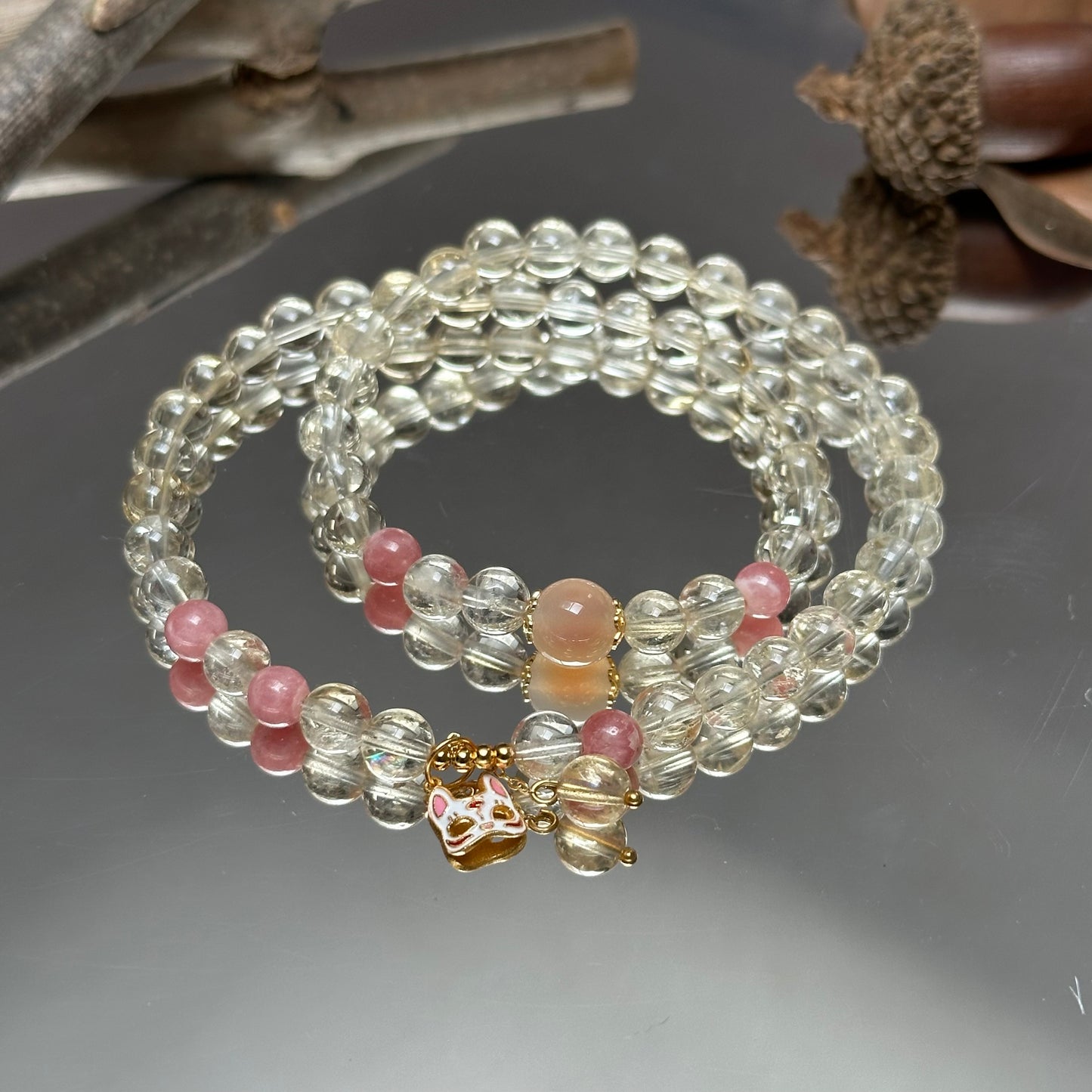 Little Foxes Double Circles Citrine and Rhodochrosite Sugar Heart Agate Bracelet