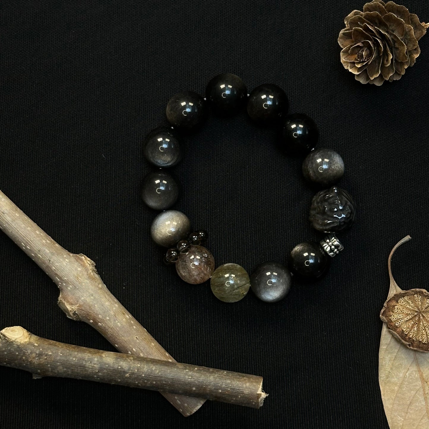 Waking Lion Natural Gold Obsidian Silver Obsidian Crystal Bracelet