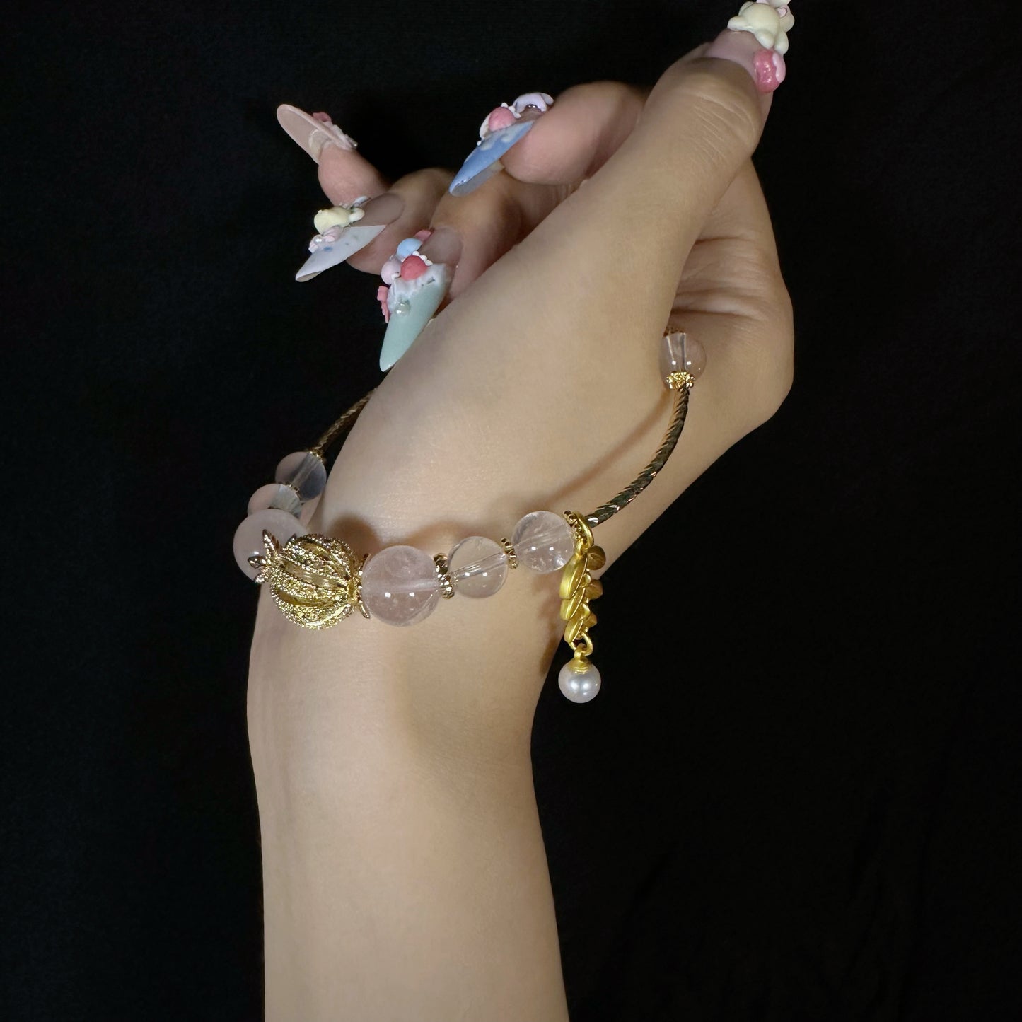 Gold leaf rose quartz crystal bracelet